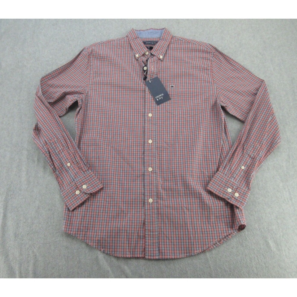 Crown & Ivy Mens Button Down Classic Fit NWT Red Blue Plaid Stretch Shirt Small
